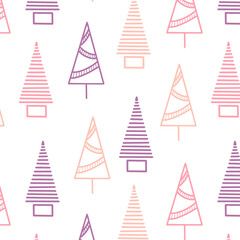 Triangle Christmas trees seamless pattern violet yellow orange pink modern flat design. Fir pine graphic design element vector illustration for printed materials leaflets posters, business cards web