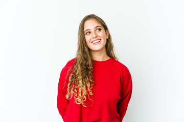 Young caucasian woman relaxed and happy laughing, neck stretched showing teeth.