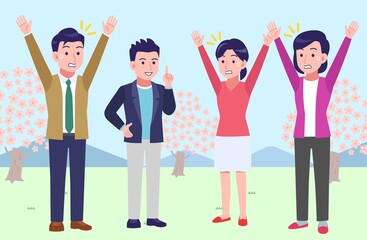 Four men and women in front of the cherry blossoms