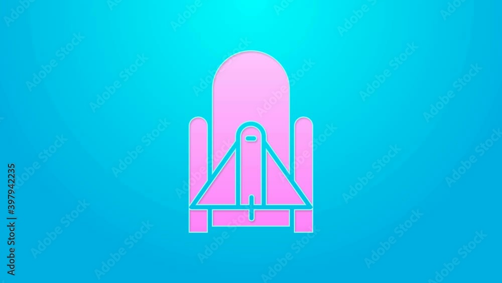 Poster pink line rocket launch from the spaceport icon isolated on blue background. launch rocket in space.