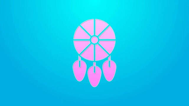 Pink line Dream catcher with feathers icon isolated on blue background. 4K Video motion graphic animation
