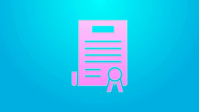 Pink line Declaration of independence icon isolated on blue background. 4K Video motion graphic animation