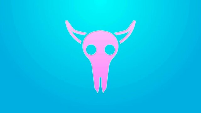 Pink line Buffalo skull icon isolated on blue background. 4K Video motion graphic animation