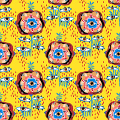 Folk psychedelic flash style rose plant flower with many eyes in tears seamless pattern