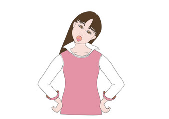 首をかしげて大きな声を出す女性のカラーイラスト