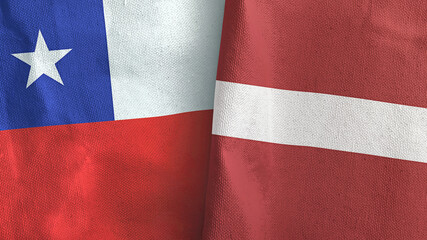 Latvia and Chile two flags textile cloth 3D rendering