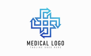 Abstract Blue Arrow Medical Logo Design, Usable for Business, Medical, Foundation, Industrial, Tech, Security, Services, Company. Flat Vector Logo Design Illustration.