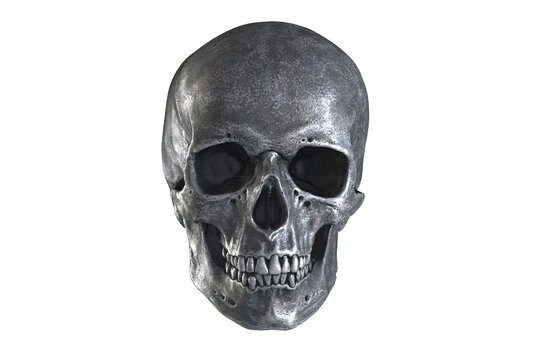 3D illustration of metallic human skull isolated on white background