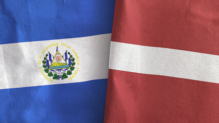 Latvia and El Salvador two flags textile cloth 3D rendering