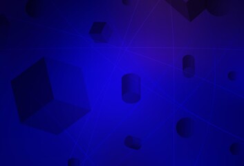 Dark BLUE vector template with 3D cubes, cylinders, spheres, rectangles.