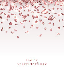 Happy Valentine day elegant holiday card with dusty rose gold glitter heart confetti.