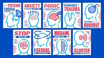 Headache Disease Creative Promo Posters Set Vector. Migraine Headache And Anxiety Disorder, Psychological Trauma And Therapy Advertising Banners. Concept Template Style Color Illustrations