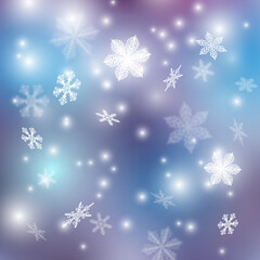 flying snow flakes and stars on blue background. Breathtaking winter silver snowflake overlay template. Eps10