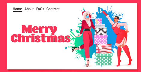 mix race santa women with gifts wearing masks to prevent coronavirus pandemic new year christmas holidays celebration concept full length horizontal vector illustration