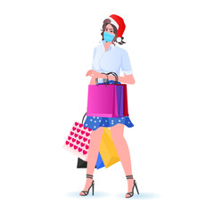 woman in santa hat holding shopping bags girl wearing masks to prevent coronavirus pandemic new year christmas holidays celebration concept full length vector illustration