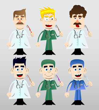 Funny cartoon doctor holding toothbrush. Vector illustration.