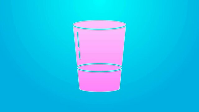 Pink line Glass with water icon isolated on blue background. Soda glass. 4K Video motion graphic animation
