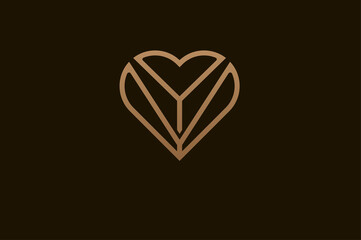 Abstract initial letter V and Y logo, gold colour line style heart and letter combination, usable for brand, card and invitation, logo design template element,vector illustration