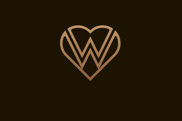 Abstract initial letter W and W logo, gold colour line style heart and letter combination, usable for brand, card and invitation, logo design template element,vector illustration