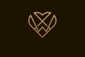 Abstract initial letter W and X logo, gold colour line style heart and letter combination, usable for brand, card and invitation, logo design template element,vector illustration