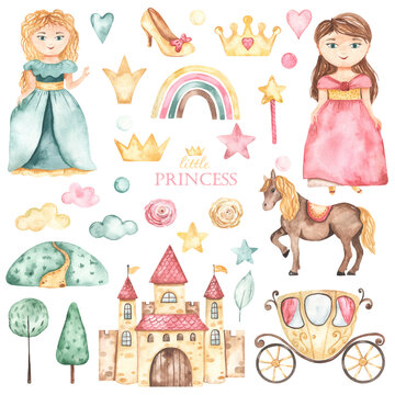 Watercolor set with cute princesses, castle, carriage, horse, shoes, crowns, flowers in pink and green