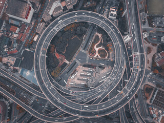 Aerial view of the complicated overpass bridges in Shanghai, China.