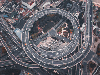 Aerial view of the complicated overpass bridges in Shanghai, China.
