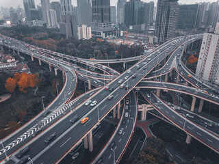 Aerial view of the complicated overpass bridges in Shanghai, China.