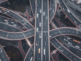 Aerial view of the complicated overpass bridges in Shanghai, China.