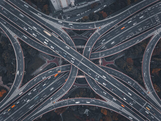 Aerial view of the complicated overpass bridges in Shanghai, China.