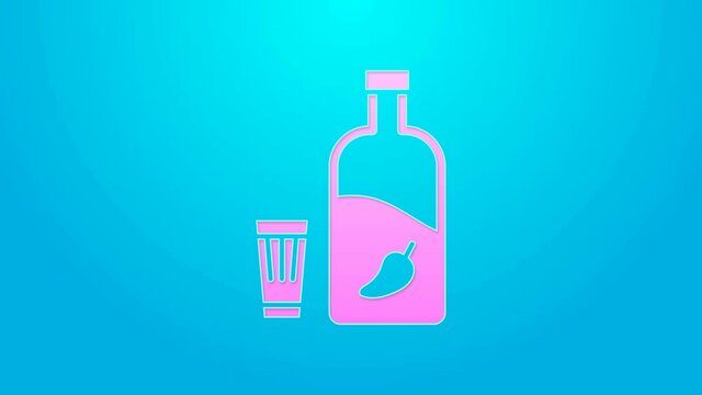 Pink line Vodka with pepper and glass icon isolated on blue background. Ukrainian national alcohol. 4K Video motion graphic animation