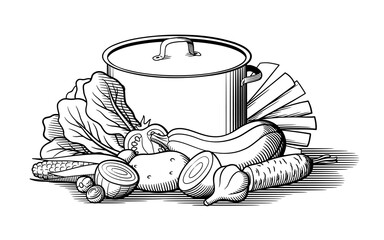 Composition of big cooking pan and pile of vegetables. Lettuce, leek, zucchini, potato, carrot, corn, tomato and garlic. Black and white retro style vector illustration