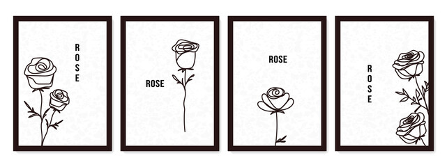 Set of cards decorated with rose line drawing. Scribble of simple design elements for greeting card, invitation, poster, invite, flyer. White and black cartoon style. Flat design. Vector illustration.