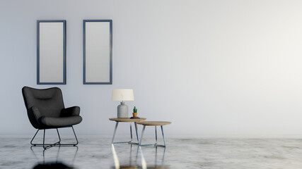 Modern room with armchair and lamp in empty room.