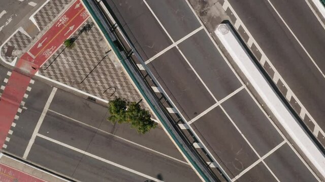 Zenital view of Minhocao, a big highway in Sao Paulo downtown, empty during Covid-19 Quarantine, Brazil