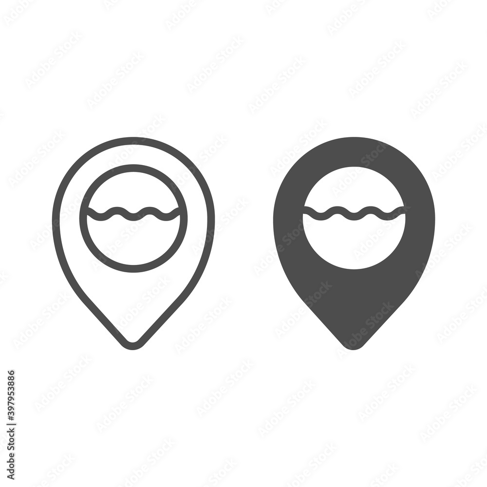 Poster location pointer with water waves line and solid icon, waterpark concept, sea waves and map marker s