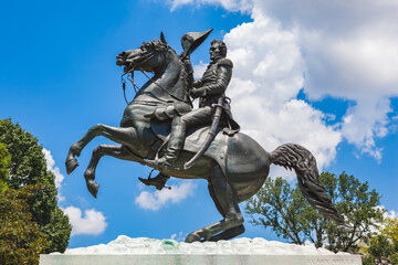 President and Major General Andrew Jackson sculpture across from the White House in Lafayette Square in Washington, DC. Sculpted by Clark Mills in 1853. Depicts Jackson on horseback