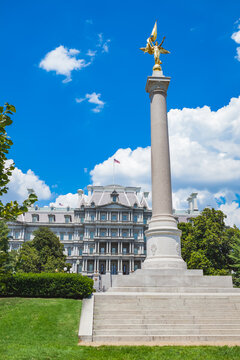 The Eisenhower Executive Office Building in Washington, DC. In front is the First Division Monument, tribute to those who died while serving in the 1st Infantry Division of the US Army.