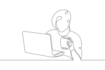 Fototapeta na wymiar Young woman sits working at a laptop computer. The designer manager works on the Internet. One continuous drawing line, logo single hand drawn art doodle isolated minimal illustration.