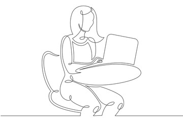 Young woman sits working at a laptop computer. The designer manager works on the Internet. One continuous drawing line, logo single hand drawn art doodle isolated minimal illustration.