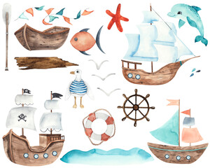 Watercolor children water transport elements: ships, boat, submarine, yacht, sailboat, lighthouse, whale, Dolphin, steering wheel, seagulls, spray - 397955091