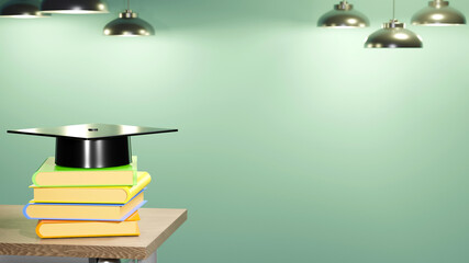 3D Rendering of Graduation Cap, books on school desk on blue background. Realistic 3d shapes. Education concept. Come back to school.