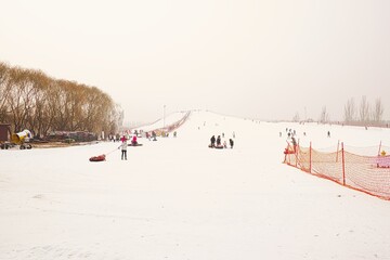 people enjoying winter sports in a ski resort.