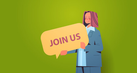 woman hr manager holding we are hiring join us speech vacancy open recruitment human resources concept horizontal portrait vector illustration