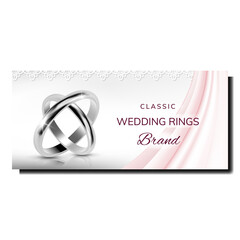 Wedding Rings Sale Creative Promo Poster Vector. Platinum Or Silver Classic Rings On Elegant Advertising Banner. Marriage Beautiful Tradition Accessories Style Concept Template Illustration