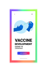 doctor or researcher hands holding syringe and bottle vial prepare for injection vaccine development fight against covid-19 concept horizontal copy space vector illustration