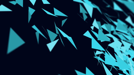 Fototapeta premium Dynamic pattern background of blue polygons that twist and turn slow in chaotic manner and at the same time the camera moves to the left on dark background. Backdrop concept with copy space