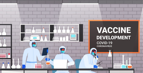 mix race scientists developing vaccine to fight against coronavirus researchers team working in medical lab vaccine development concept portrait horizontal vector illustration