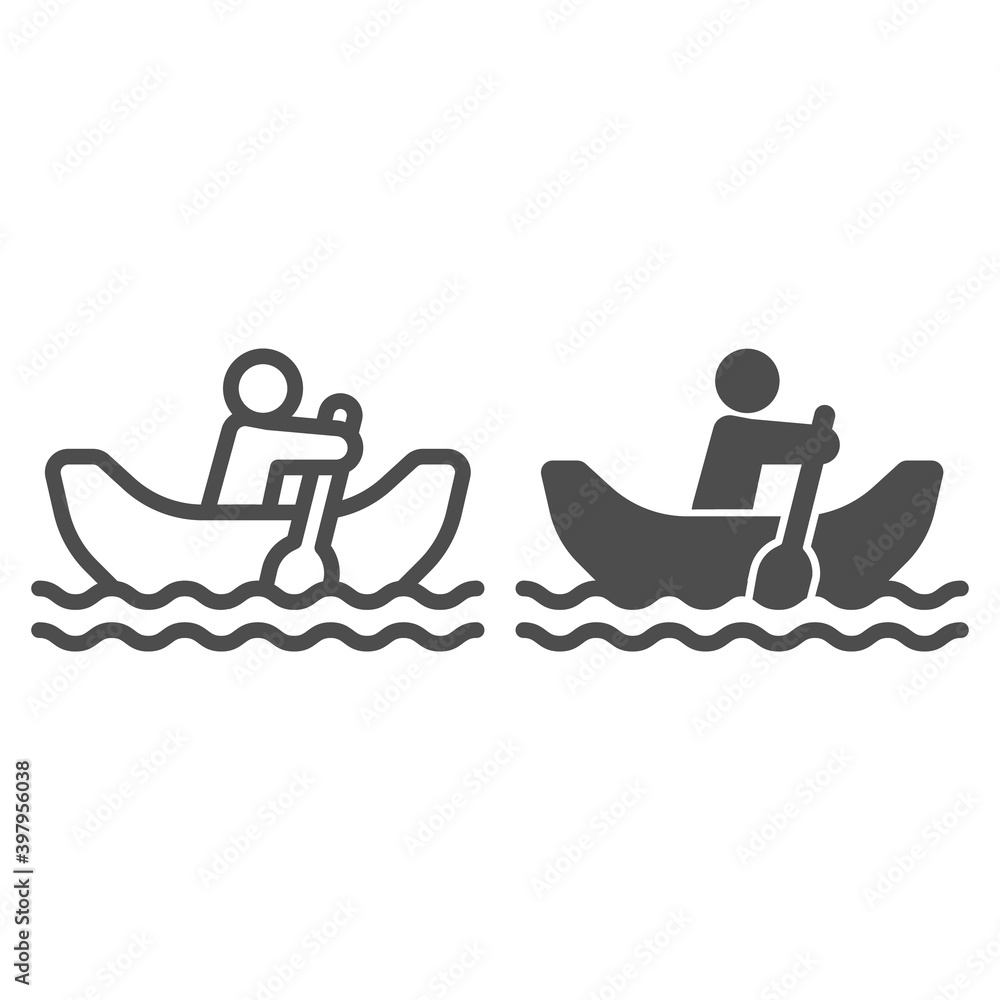 Poster man with oar in boat on water line and solid icon, waterpark concept, rowing boat sign on white back