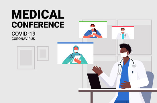 team of mix race doctors discussing during video call virtual medical conference covid-19 pandemic self isolation medicine healthcare concept horizontal portrait vector illustration